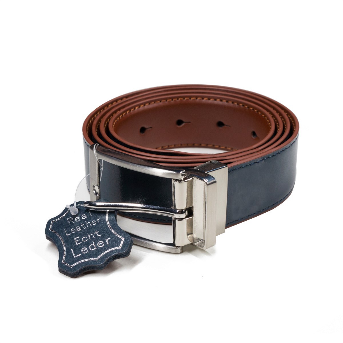 Reversible belt in presentation box / 3,2-125cm / 100% leather / cognac & navy