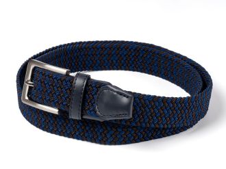 Elastische gevlochten riem - bruin/donkerblauw - lengte inkortbaar